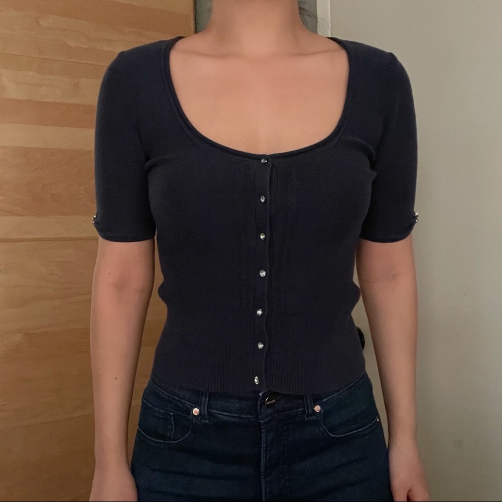 Guess Navy Rhinestone Button Cardigan - Picture 6 of 13